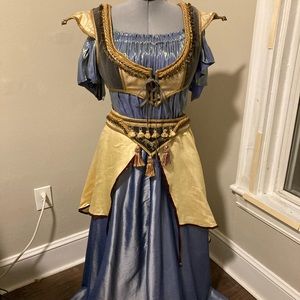 Moresca Khadija ensemble. Bodice, belt, skirt, and blouses. Blue/yellow/grey.